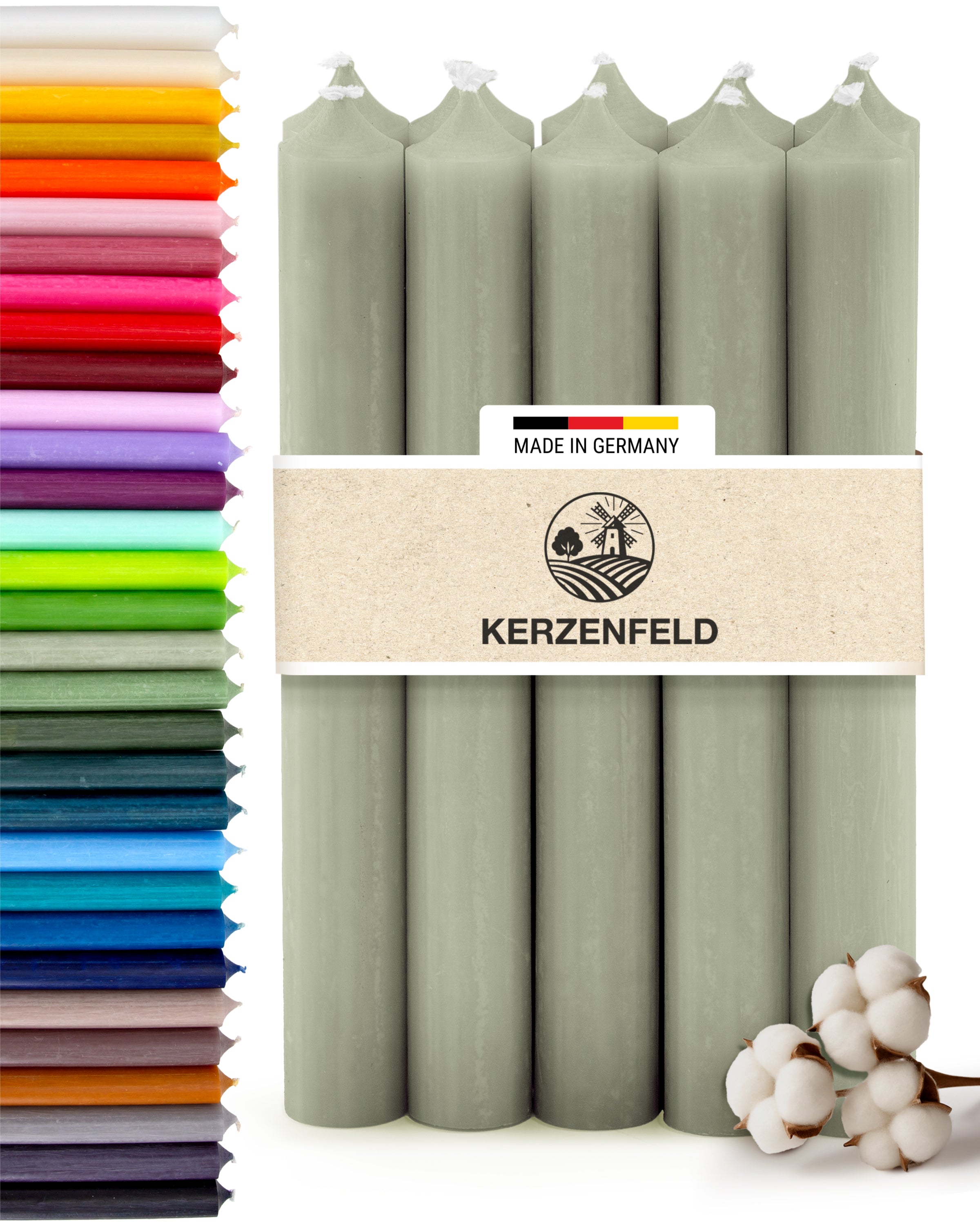 Stabkerzen Salbeigrün, 10 Stück, 180mm x 22mm, Durchgefärbt