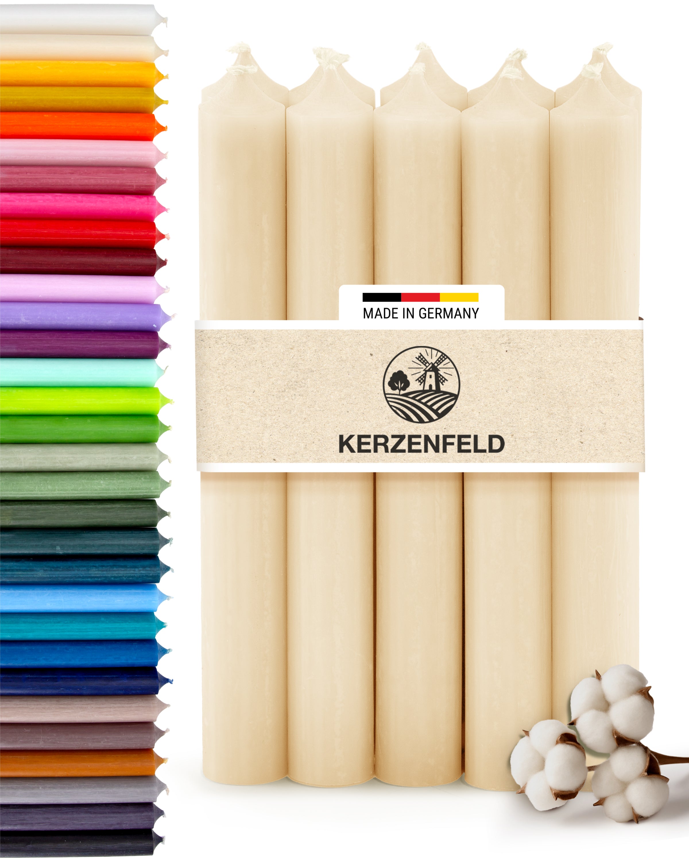 Stabkerzen Creme, 10 Stück, 180mm x 22mm, Durchgefärbt