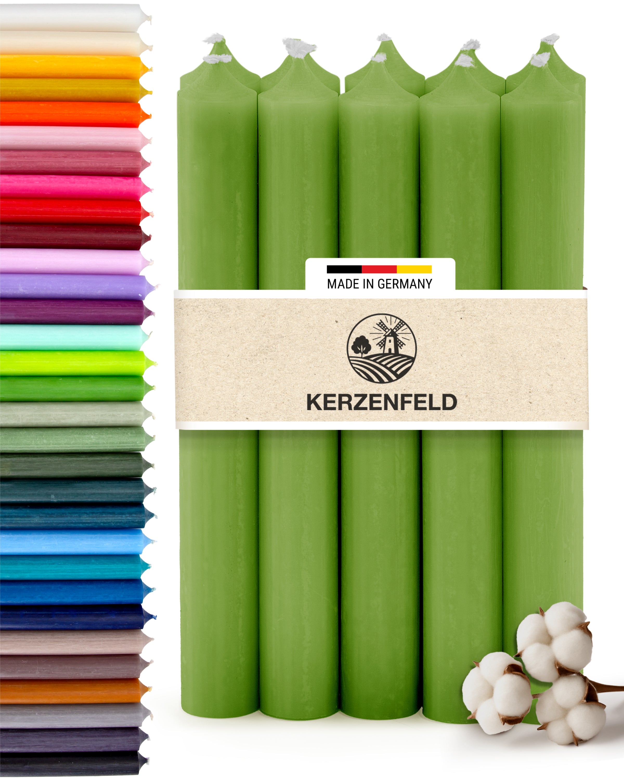 Stabkerzen Grün, 10 Stück, 180mm x 22mm, Durchgefärbt