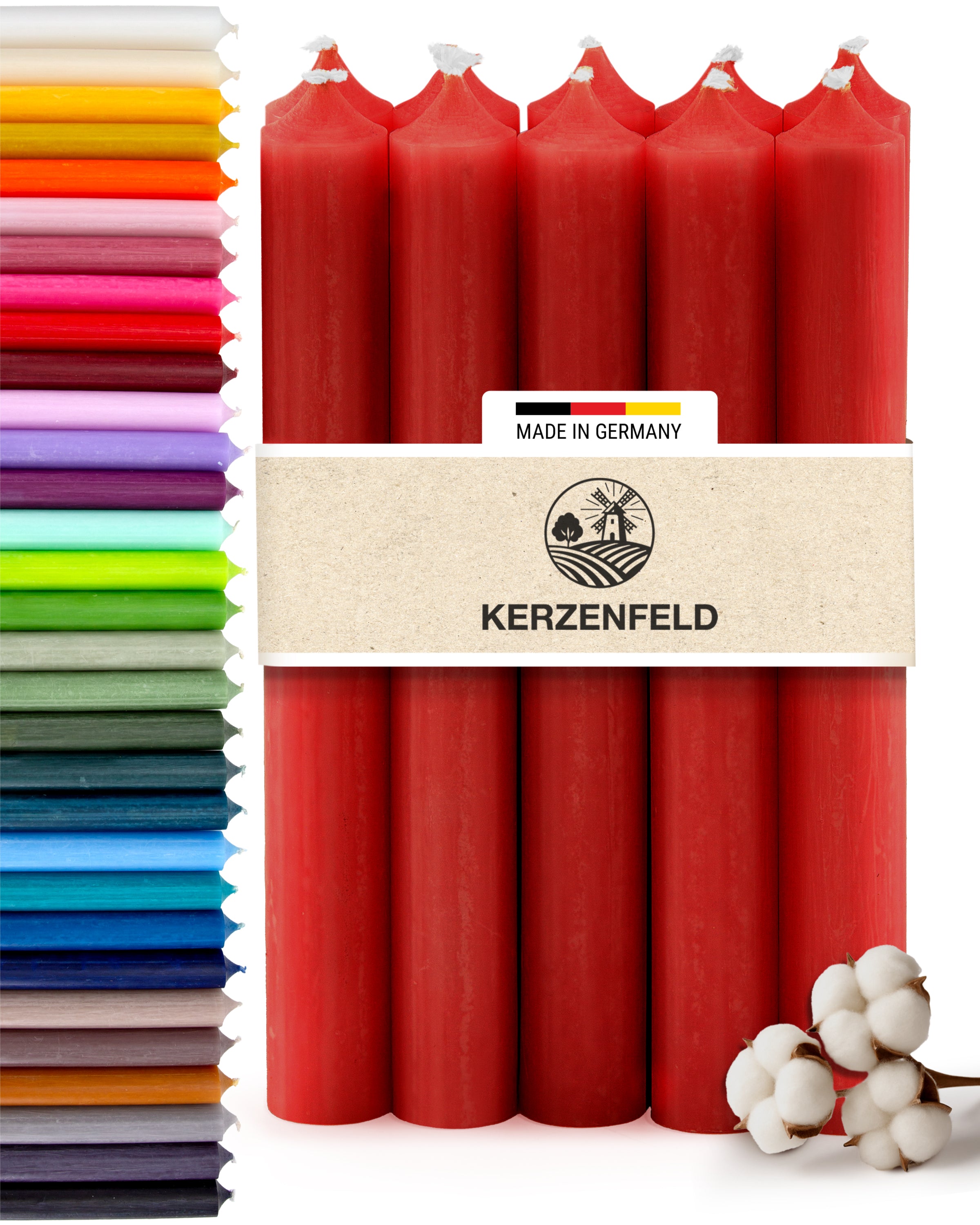 Stabkerzen Rot, 10 Stück, 180mm x 22mm, Durchgefärbt