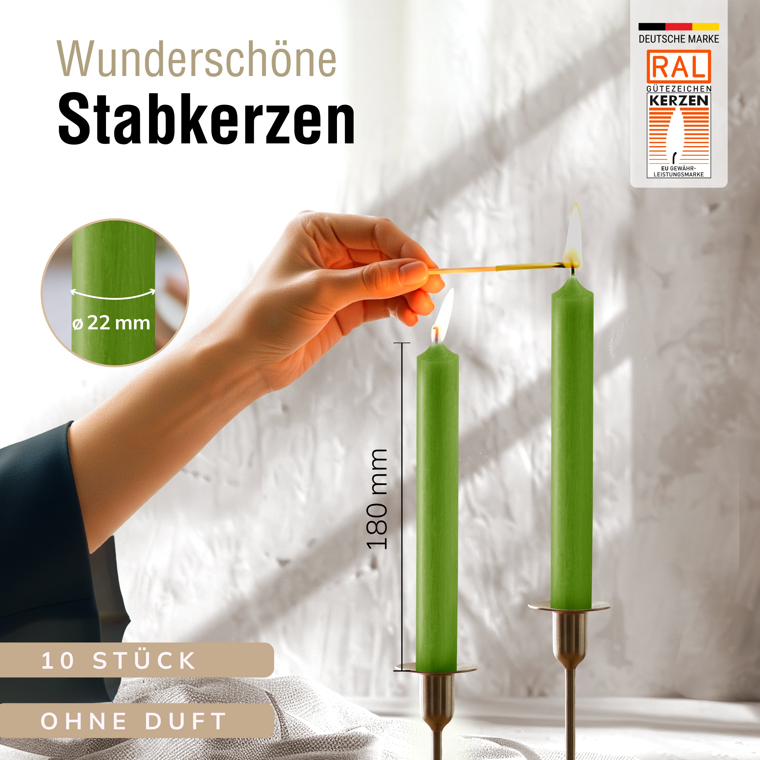 Stabkerzen Grün, 10 Stück, 180mm x 22mm, Durchgefärbt