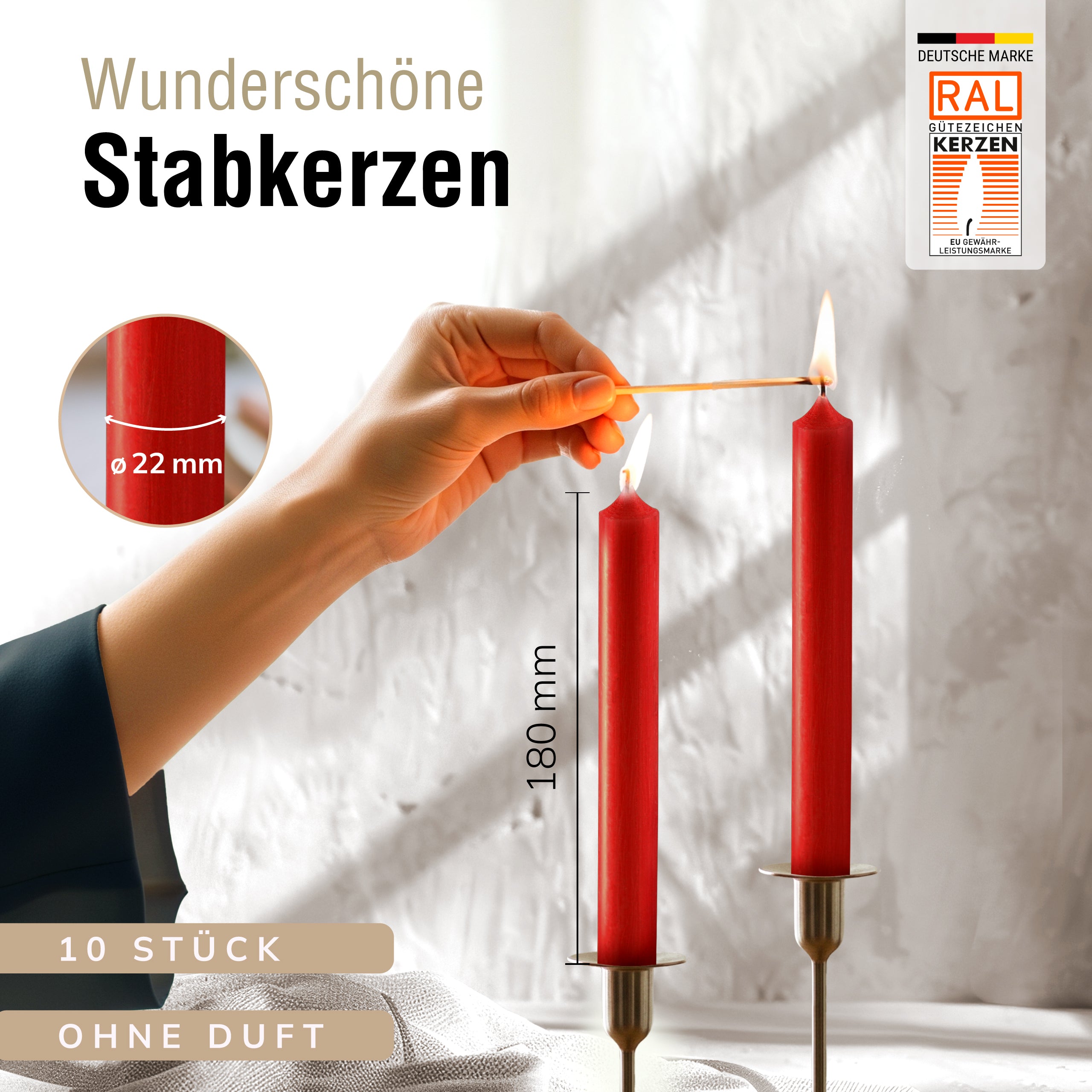 Stabkerzen Rot, 10 Stück, 180mm x 22mm, Durchgefärbt