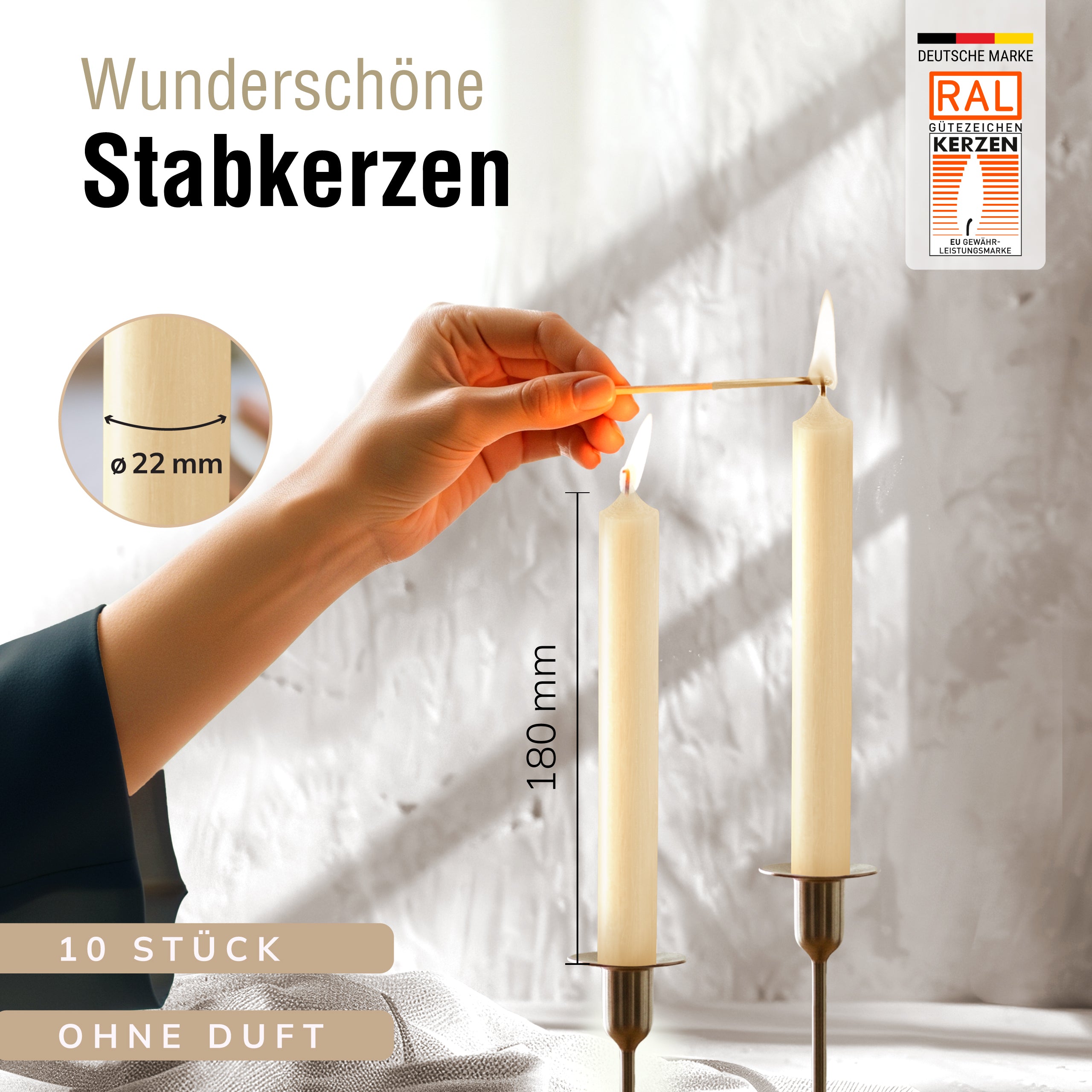 Stabkerzen Creme, 10 Stück, 180mm x 22mm, Durchgefärbt
