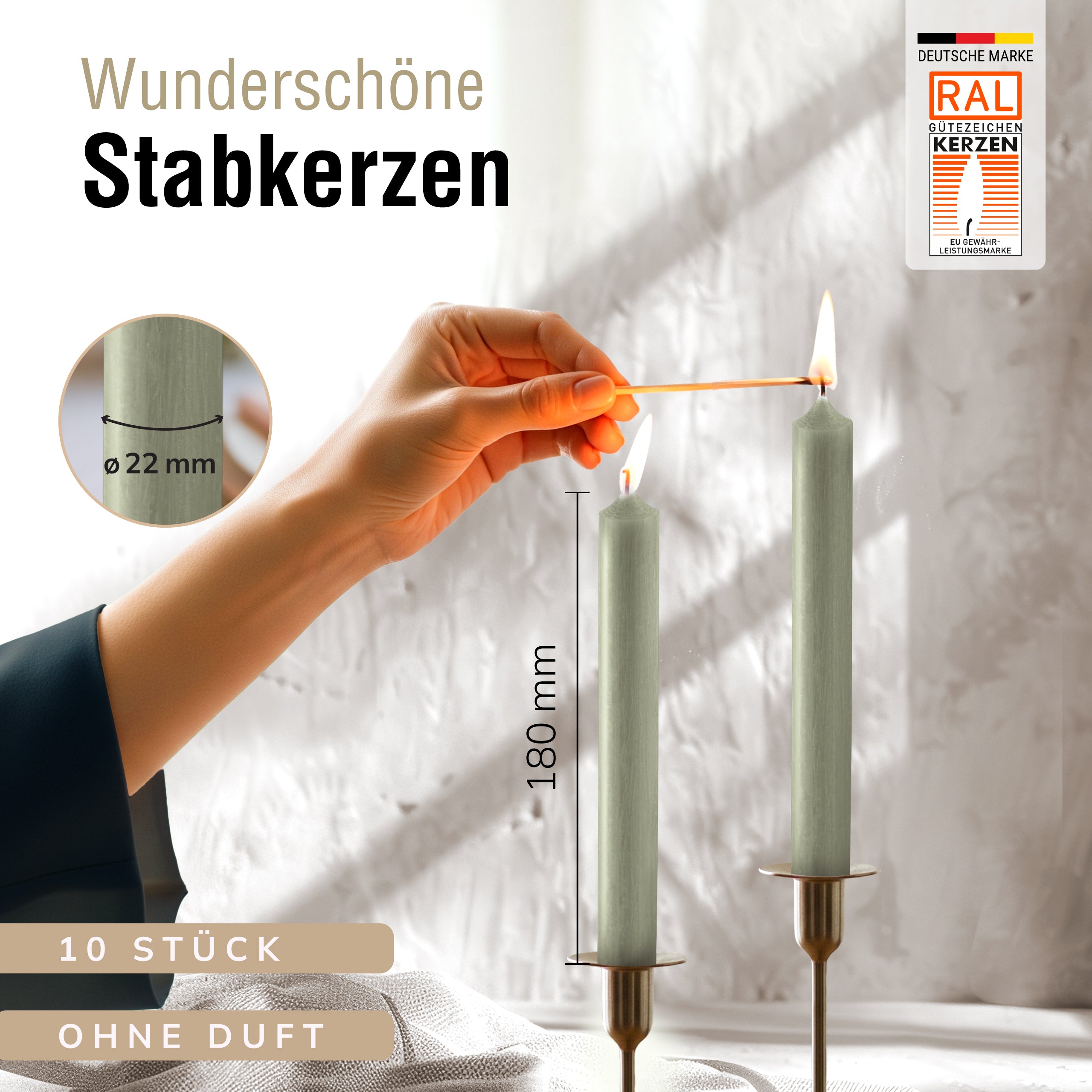Stabkerzen Salbeigrün, 10 Stück, 180mm x 22mm, Durchgefärbt
